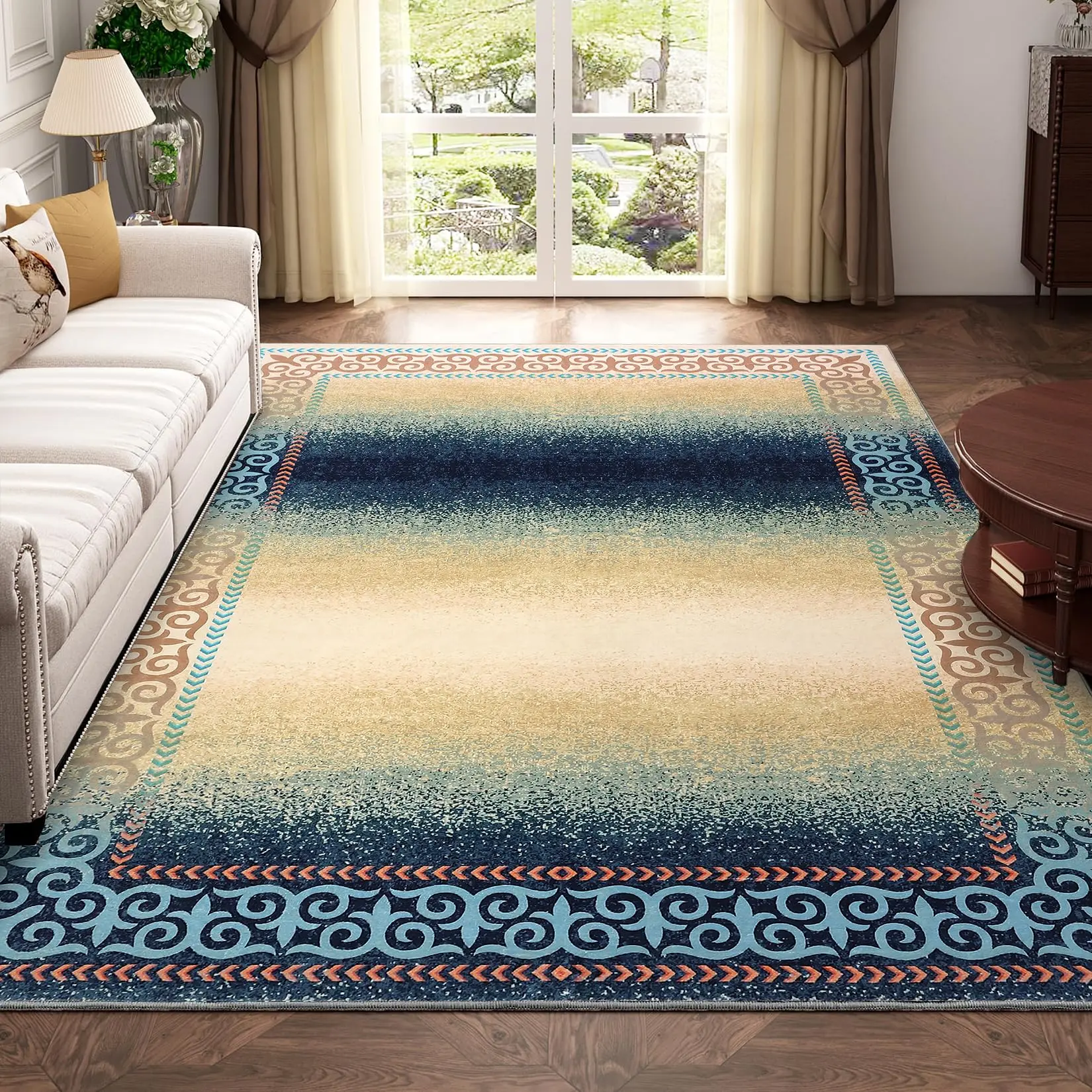 Garvee Washable Rug 8x10 Rug for Living Room Bedroom Modern Boho Rug Fluffy Soft Rug Large Area Rug Non Slip Throw Rugs Non Shedding Bordered Rug Stain Resistant Carpet Nursery Rug 8'x10' Blue/Beige