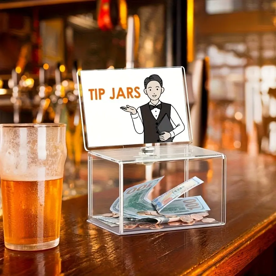 1pc Acrylic Donation Box with Lock, Clear Tip Jar with Sign Holder, Suggestion Box for Fundraising, Donation, Bar, School Voting, 6.3x4.6x4 Inch Containers