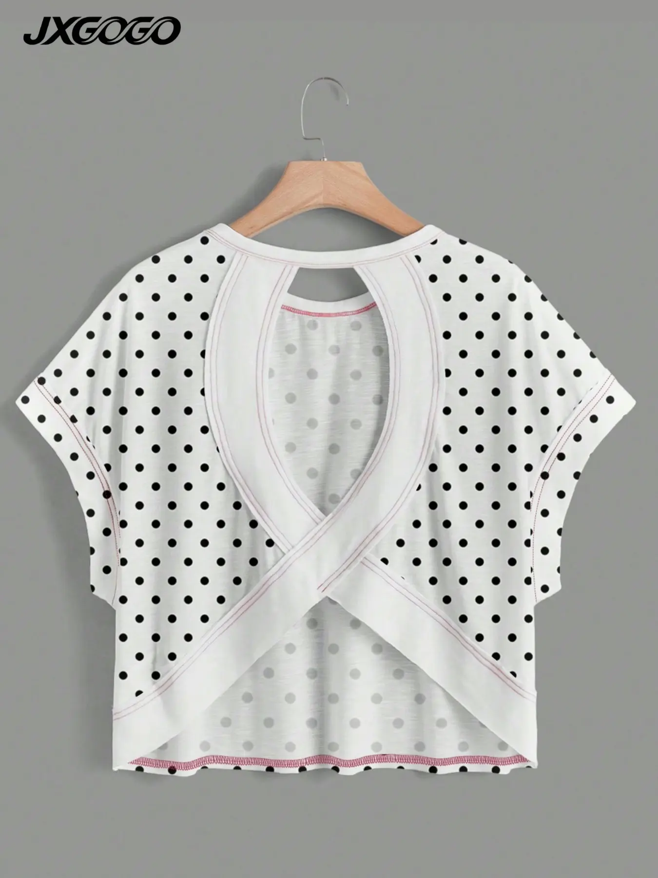 JXGOGO Y2K Vintage Polka Dot Back Cross Cutout Backless Top Women Batwing Short Sleeve Soft Workout Tee Cute Aesthetic Casual Outfit For Pilates Gym Shopping Daily Wear