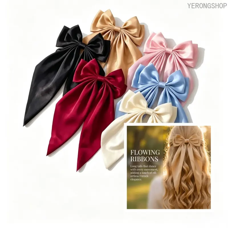 6pcs/sets-Women's Big Satin Bow Hair Clip - Silky Long Tail Bow Barrette, Ponytail Hair Bow, Hair Clips For Styling, Great for Daily Hairstyles, Weddings, Wedding Hair Decor, Parties, and Adding a Romantic Touch to Any Outfit, Fashion Hair Accessories