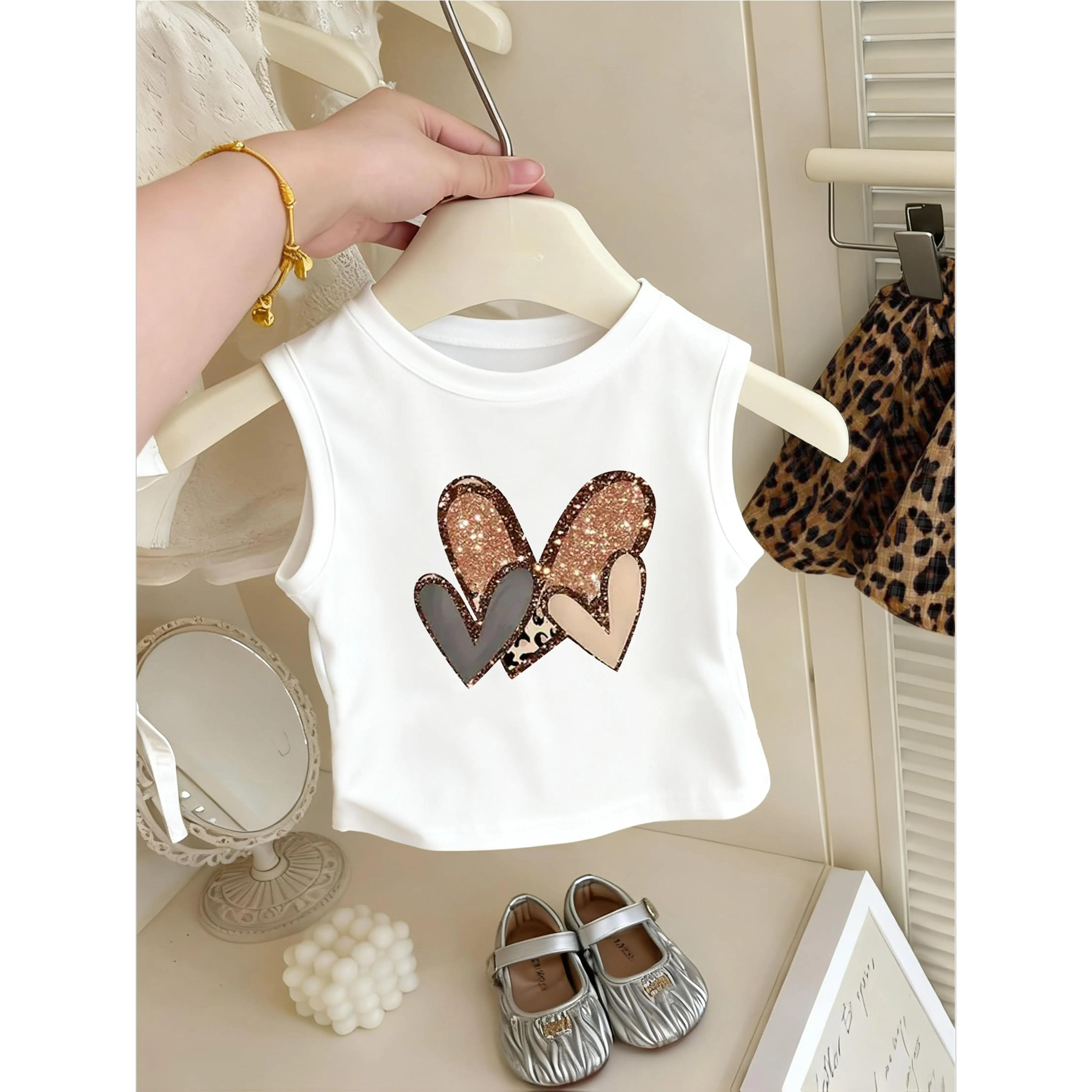 Leopard Heart Print, Summer Fashion Knitted Vest, Light, Breathable And Comfortable, Casual Sports Sleeveless Round Neck, Girls' Vest