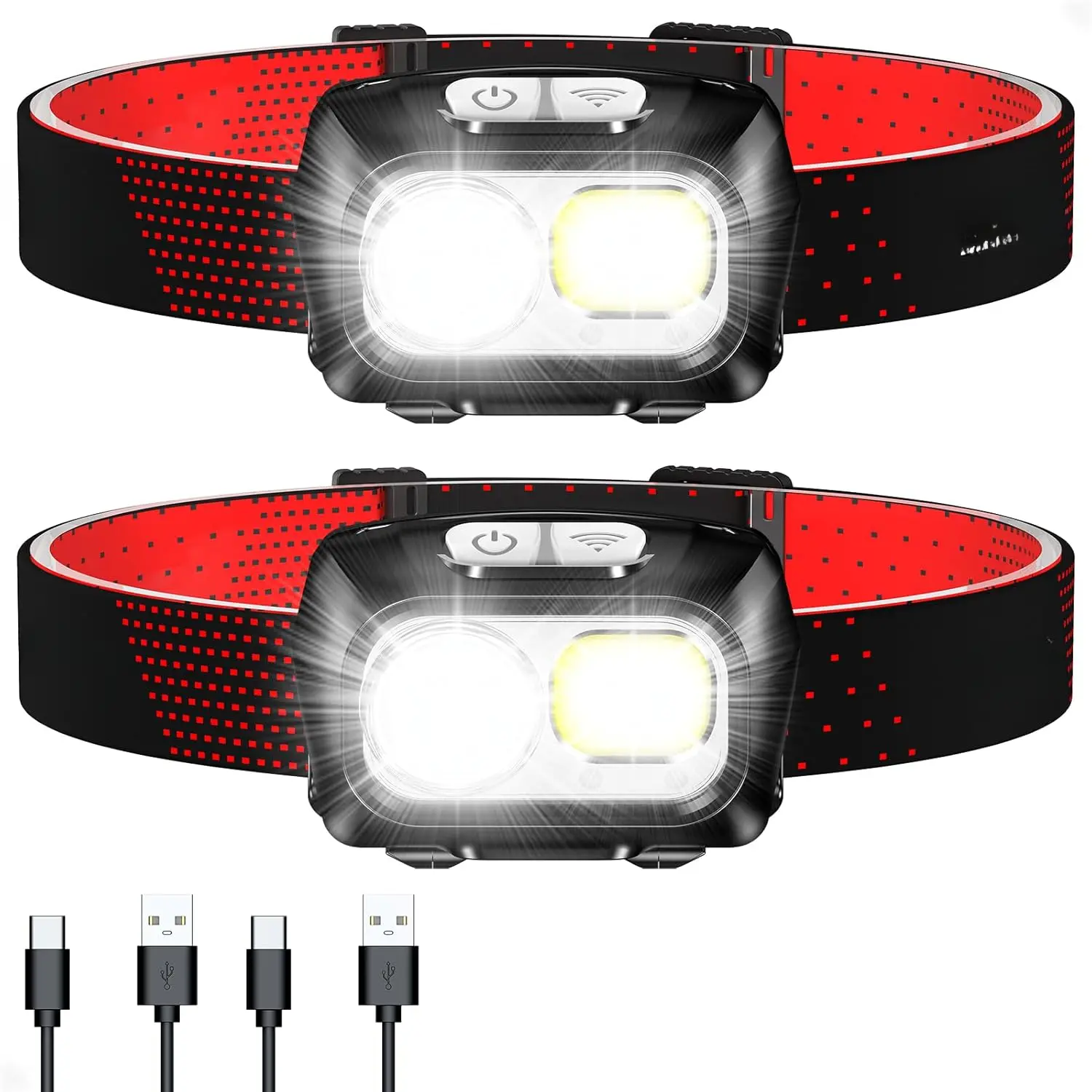 LED Headlamp Rechargeable,2000L Super Bright Headlight with Motion Sensor -Dimmable Brightness,8 Modes,Spotlight&Floodlight&Red Light Combination,IPX5 Waterproof  Hiking,Camping - 2 Pack