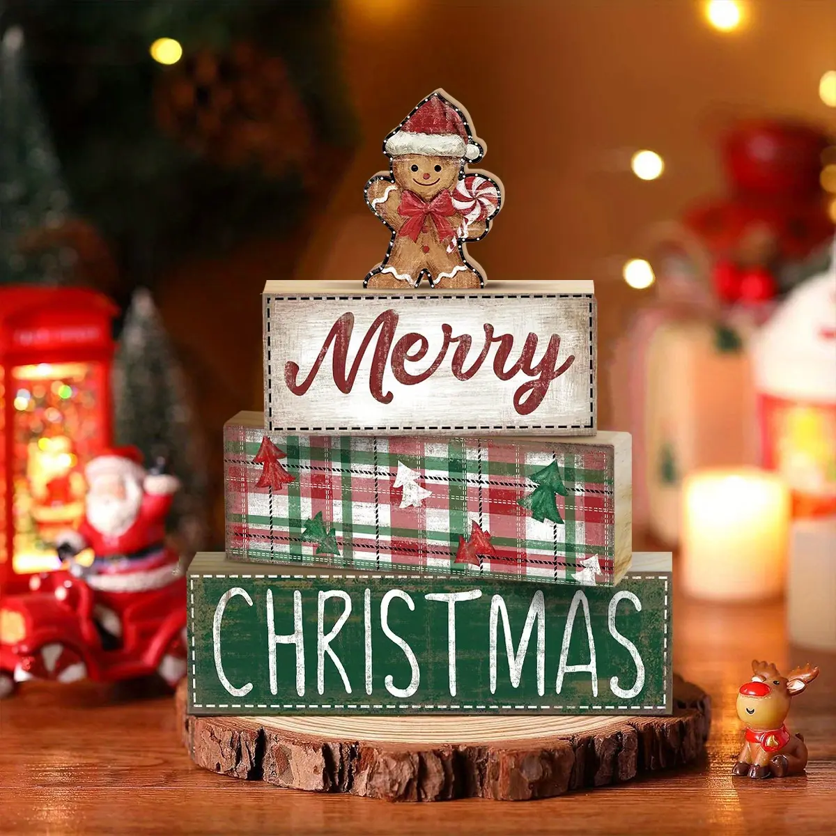 Set of 4 Rustic Christmas Table Decor, Tiered Tray Ornaments, Wooden Nativity Scene, Funny Gingerbread Christmas Sign & Block Signs, Farmhouse Winter Table Decor for Home Kitchen