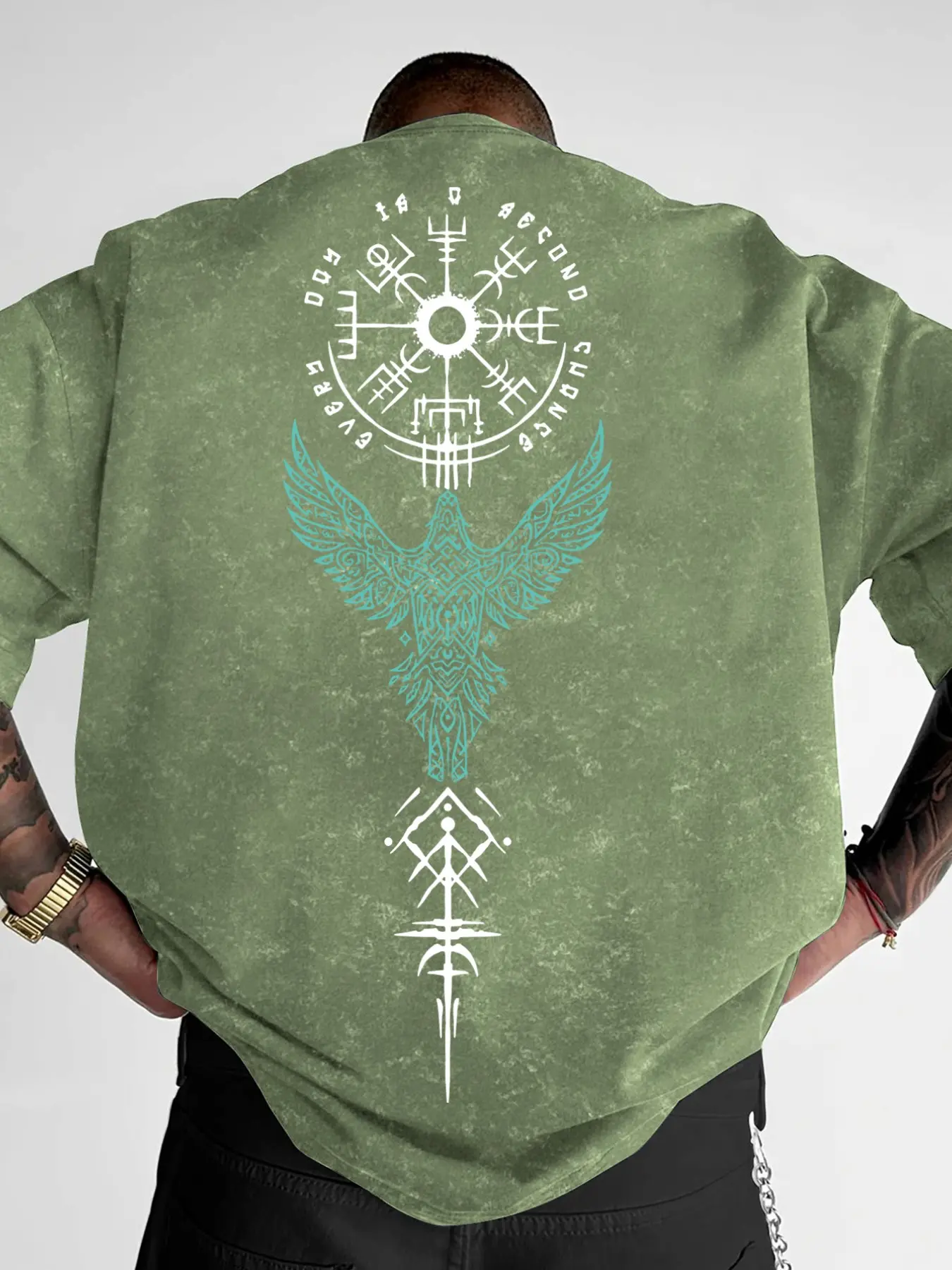 Men's Washed Classic Crew Neck T-Shirt, Viking Raven Rune Compass Back Print Oversized Tee, Nordic Mythology Gothic Casual Streetwear Top, Menswear #VikingTee #NordicMythology #RavenPrint #GothicStreetwear #TikTokMadeMeBuyIt