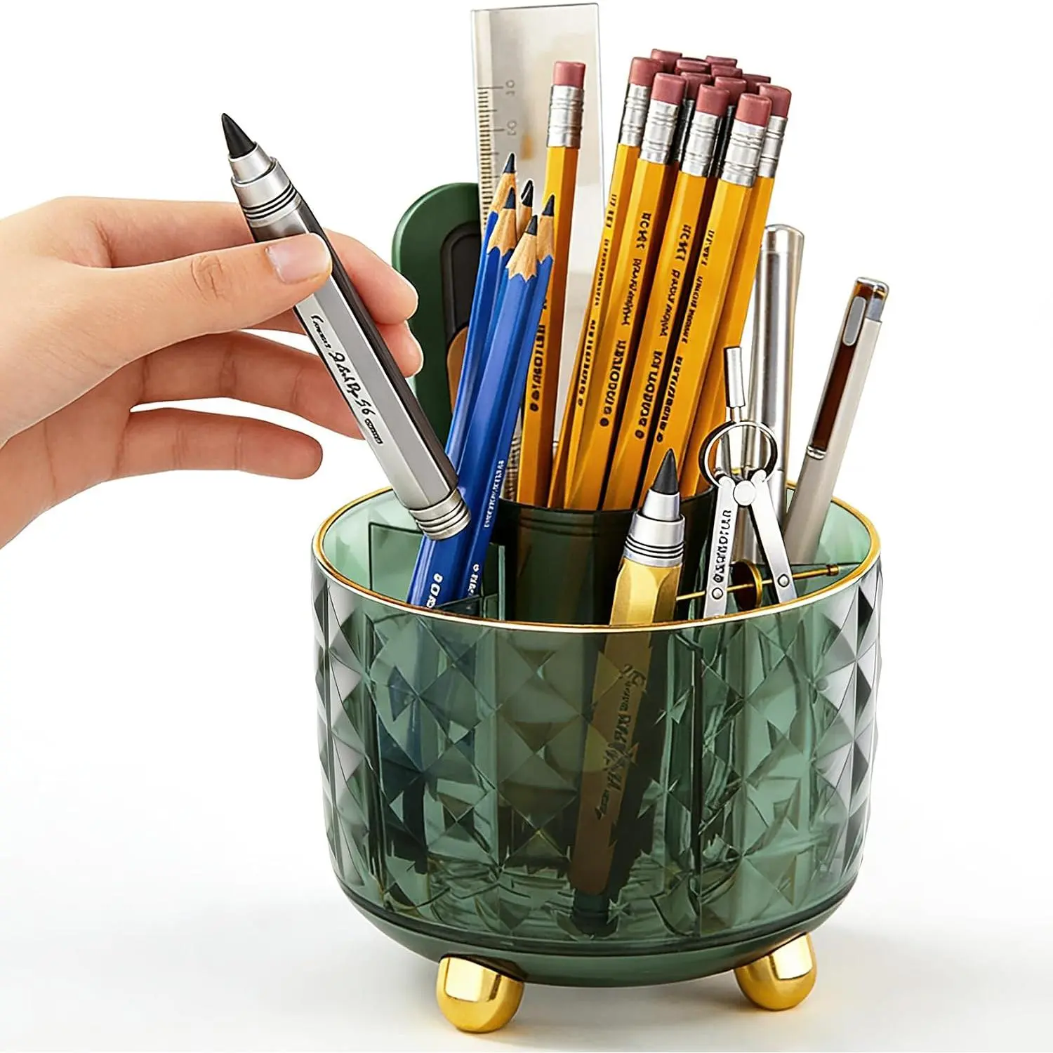 Dark Green Pen Pencil Holder for Desk, 360° Rotating Pen Organizer, Green Office Supplies, Cute Pen Holder, 6-Compartment Pencil Holder Rotating