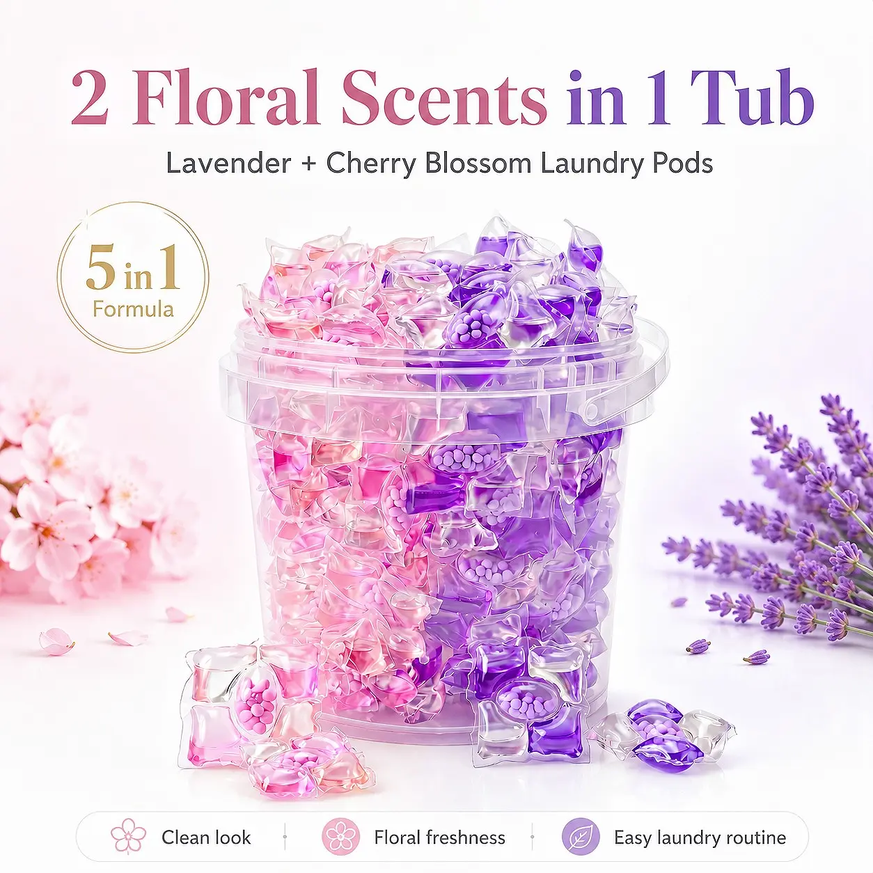 Lavender & Cherry Blossom Laundry Pods, 5-in-1 Premium Detergent Pods, Floral Scent Washing Pods for Fresh Clean Clothes & Bedding, Easy Dose Laundry Care, Scented Detergent Balls