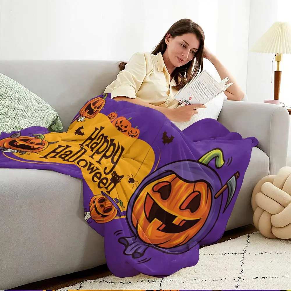 Cartoon Jack Pumpkin Halloween Blanket, Bat Cat Spider Print Flannel, Multi-Use Camping Bedroom Living Room Office Car Blanket, Gift Blanket
