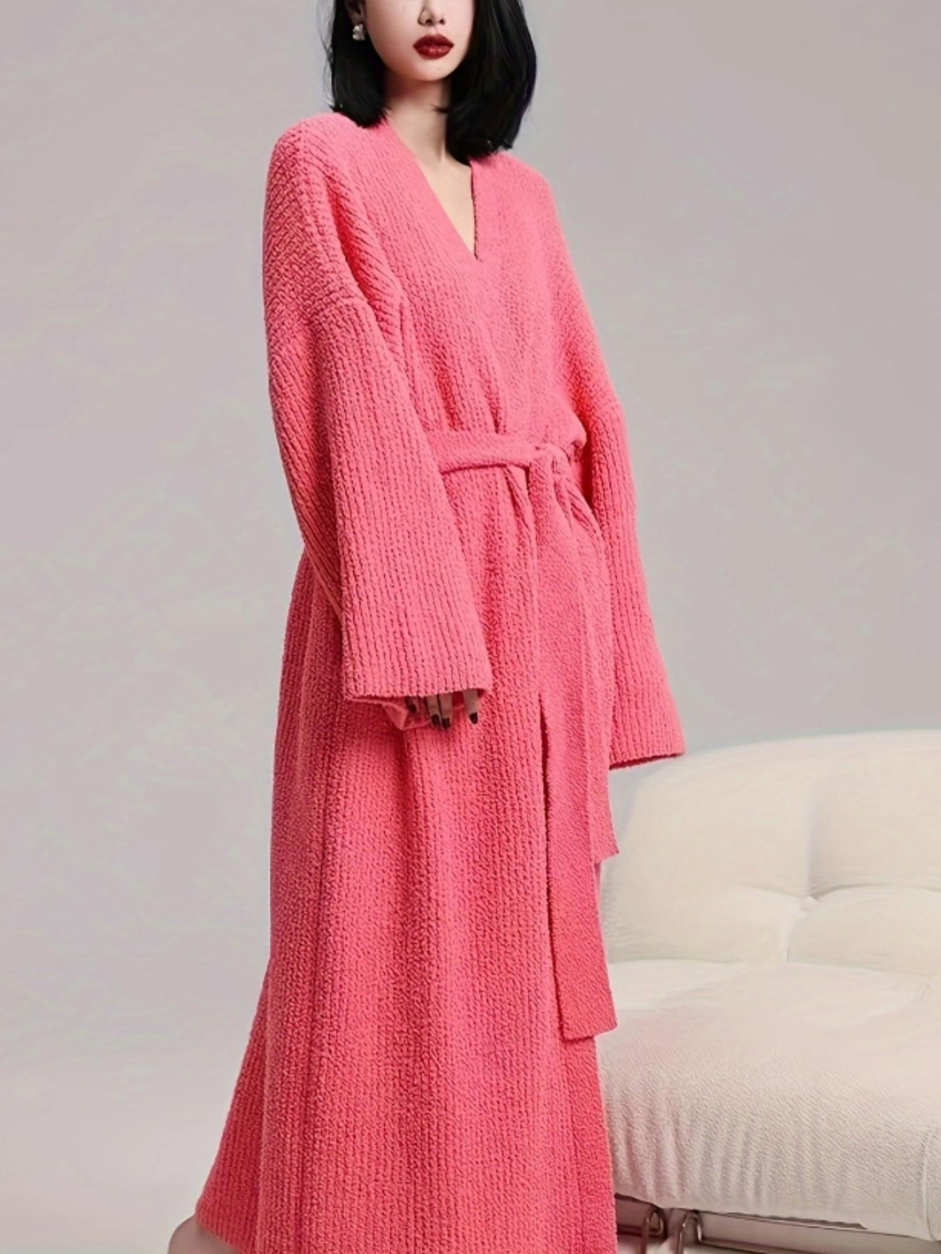 【COZY Soft Plush Feel】Women's Solid Color Thickened  Thermal Lined Long Sleeve Drop Shoulder Bathrobe, Loose Casual Soft Comfortable Thermal Warm Pocket Belted V Neck Dressing Gown for Women, Ladies Sleepwear for Winter