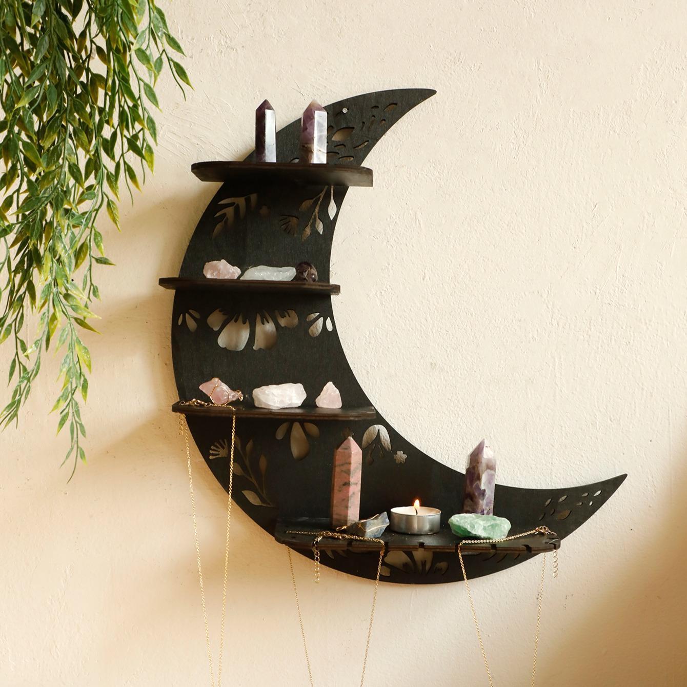 Moon Shaped Wall Mounted Shelf, 1 Count Wooden Wall Hanging Storage Rack, Wall Mounted Holder, Wall Mount Design, Wall Decor for Home Interior Living Room Bedroom, Home Decor, Decorations Supplies