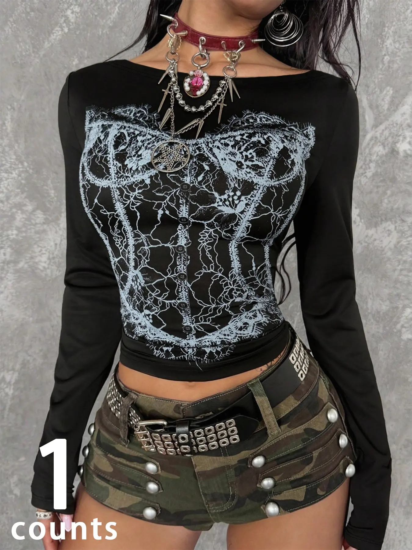Women's Long Sleeve Fitted Top, Gothic Lace Corset Boat Neck T-Shirt, Suitable For Party, Outdoor Street And Daily Casual Outfits