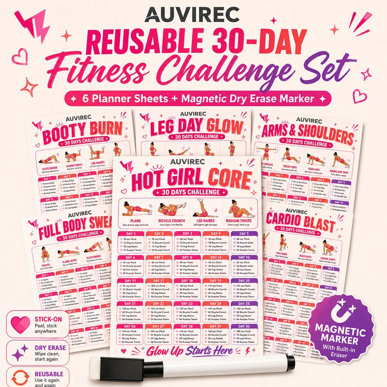 Auvirec Reusable Fitness Planner Set, 30-Day Home Workout Challenge Board, Pet Erasable Training Tracker, Magnetic Marker Included
