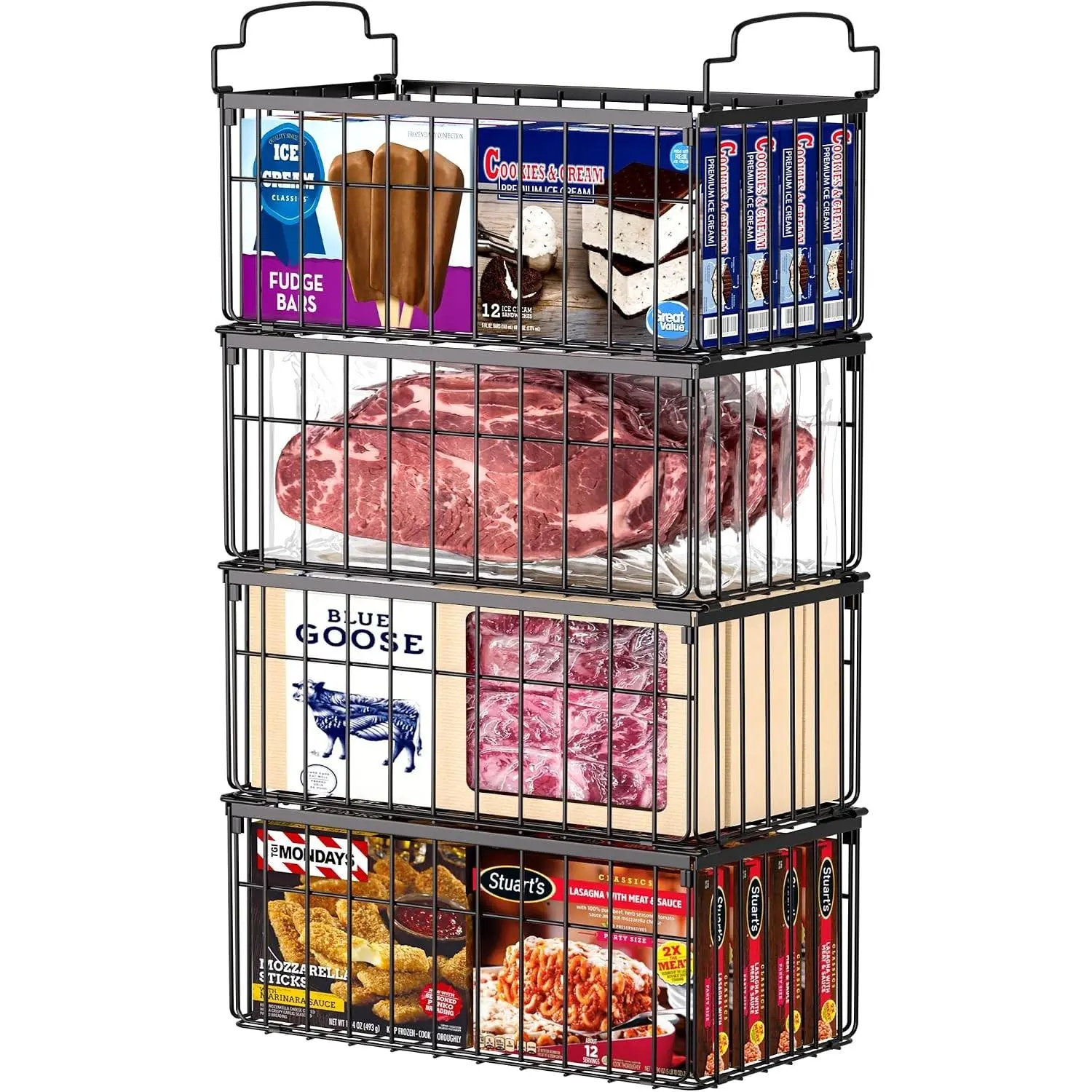 Freezer Organizer Bins, 4 Pack Stackable Deep Chest Freezer Organizer Bins, Foldable Baskets with Handles, Black Storage Container Baskets for 5/ 7 Cu.FT Deep Freezer Sort Frozen MeatsGift.