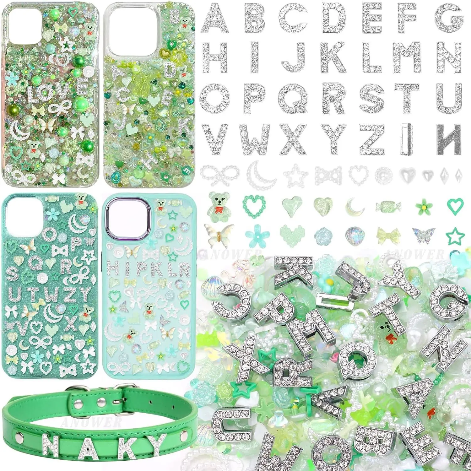 330Pcs Junk Phone Case Charms, 26Pcs A-Z Rhinestone Alphabet Letter Charms |   Mixed Green Flower Bow Heart Pearls Flatback Resin Charms, Letter Junk Case Charms Kit for DIY Crafts