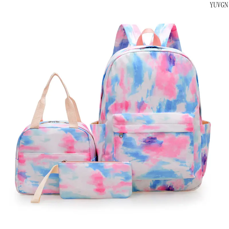 Pastel Tie Dye 3-Piece Backpack Set - Matching Lunch Tote & Mini Pouch, Multi-Pocket Lightweight Gym Bags for Students, Versatile Campus Travel & Daily Use