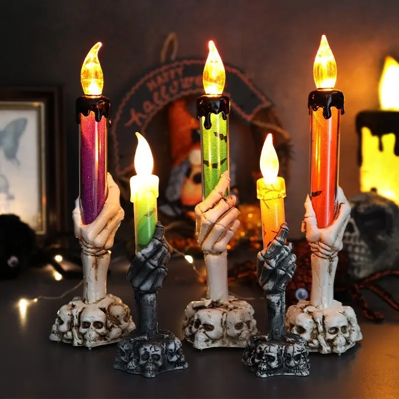 Halloween Ghost Hand LED Flameless Candle Light, Flickering Electronic Candle Night Light Ornament, Safe Spooky Fake Candle Decor For Haunted House Window Table Layout, Battery Operated Horror Light Prop For Halloween Party Decor, Novelty Atmosphere Acces