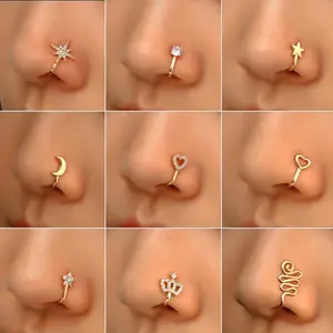 9-piece set of nose ring jewelry, shaped nose rings made of copper, non-piercing nose rings, U-shaped, star-shaped, heart-shaped, crown nasal clips with zircon, wearable as nose rings