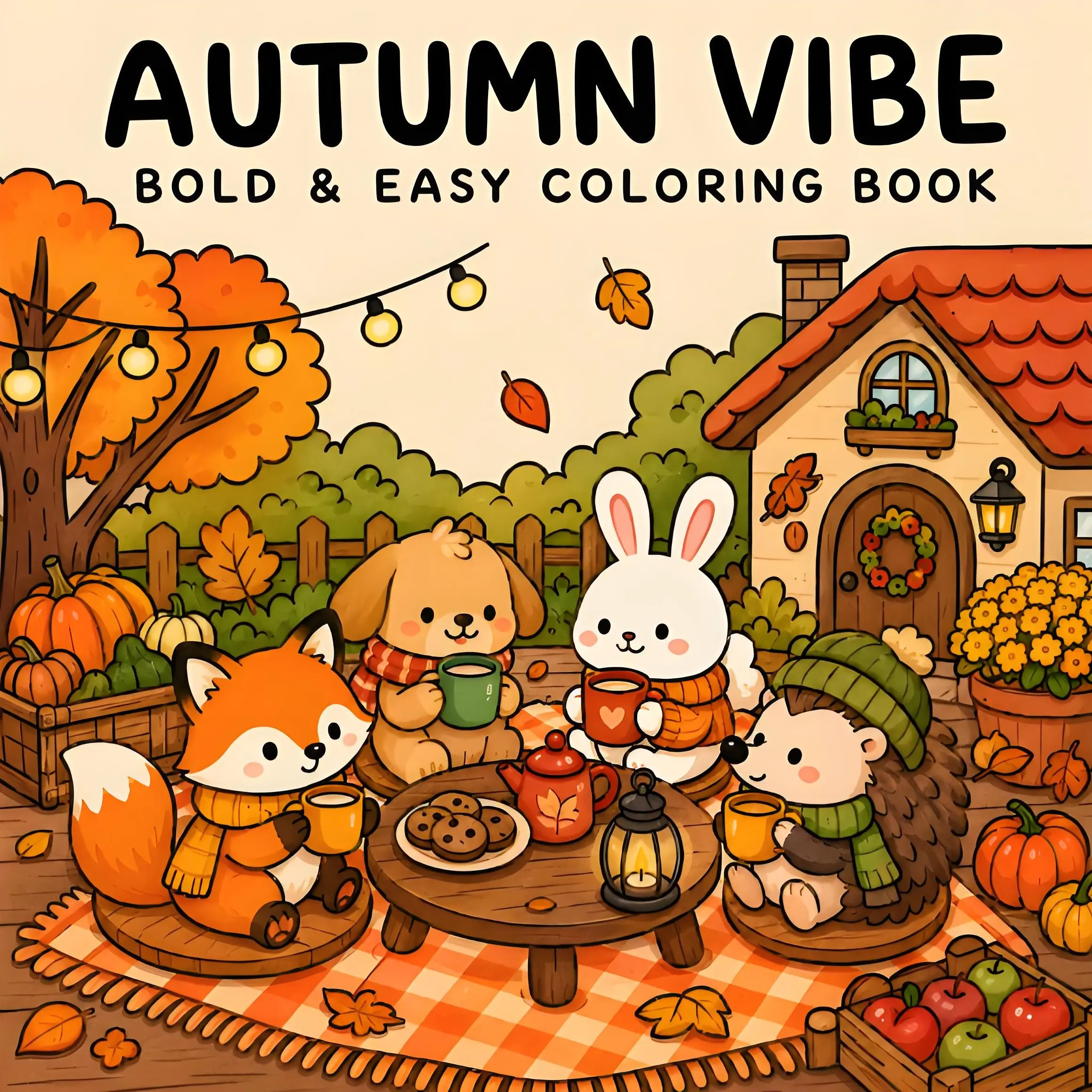 Autumn Vibe Bold & Easy Coloring Book, Cute Fox Rabbit Hedgehog Dog Fall Cozy Illustrations, Large Simple Line Art Coloring Book for Relaxation and Unwind, Gift for Kids & Adults,Back-to-school gifts, holiday gifts