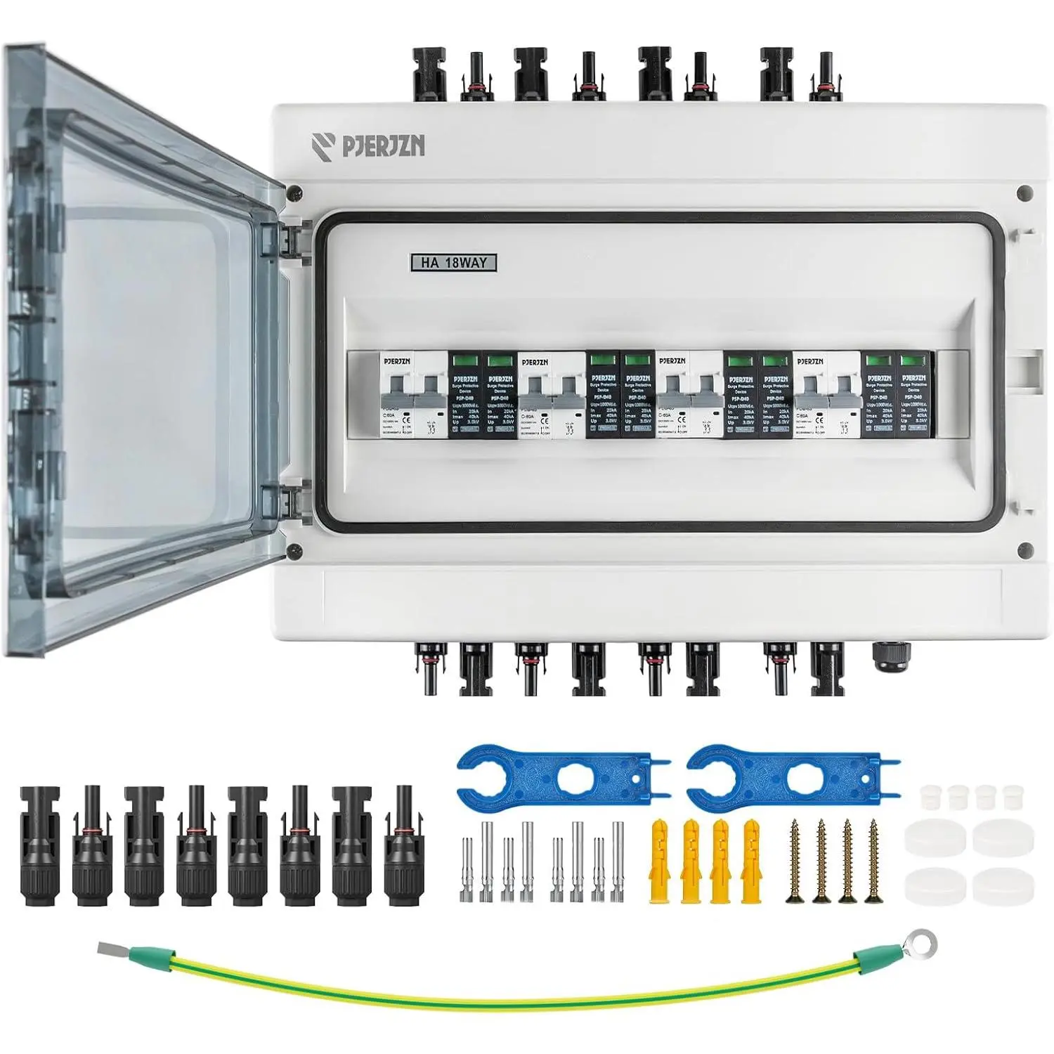 Solar Disconnect Switch with SPD Surge Protector 1000V DC 60A Solar PV Combiner Box Power Distribution Box for Solar Panels 2 in 2 Out (60A, HT18 4string)