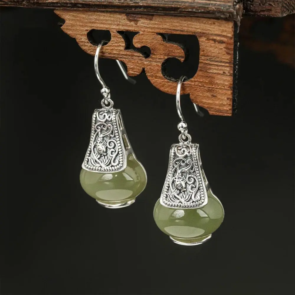 Women's 925 Silver-Plated Gold Vintage Ethnic Koi Earrings with Natural Hotan Jade Accents, Copper Base, High-Quality Banquet Wear Jewelry Gift for Females