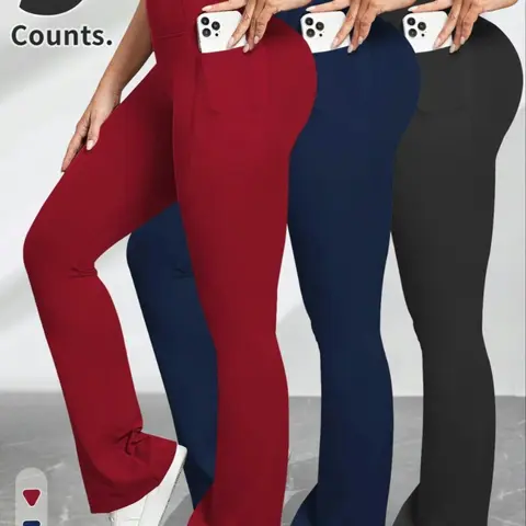 Women's Solid High Waist Flare Leg Sports Leggings with Pockets, Highwaisted Yoga, Comfy Bell Bottom Trousers, Athleisure Pants for Yoga Gym Workout, Ladies Sportswear for All Seasons