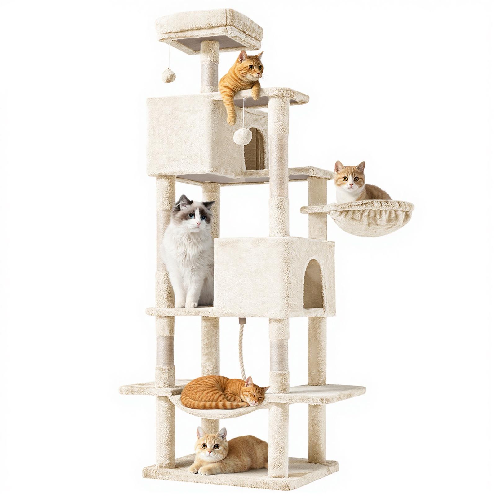 66 Inch Large Cat Tree Tower for Multiple Cats with 2 Condos 3 Perches Hammock Pompoms Extra Wide Platform Indoor Cat Activity Center