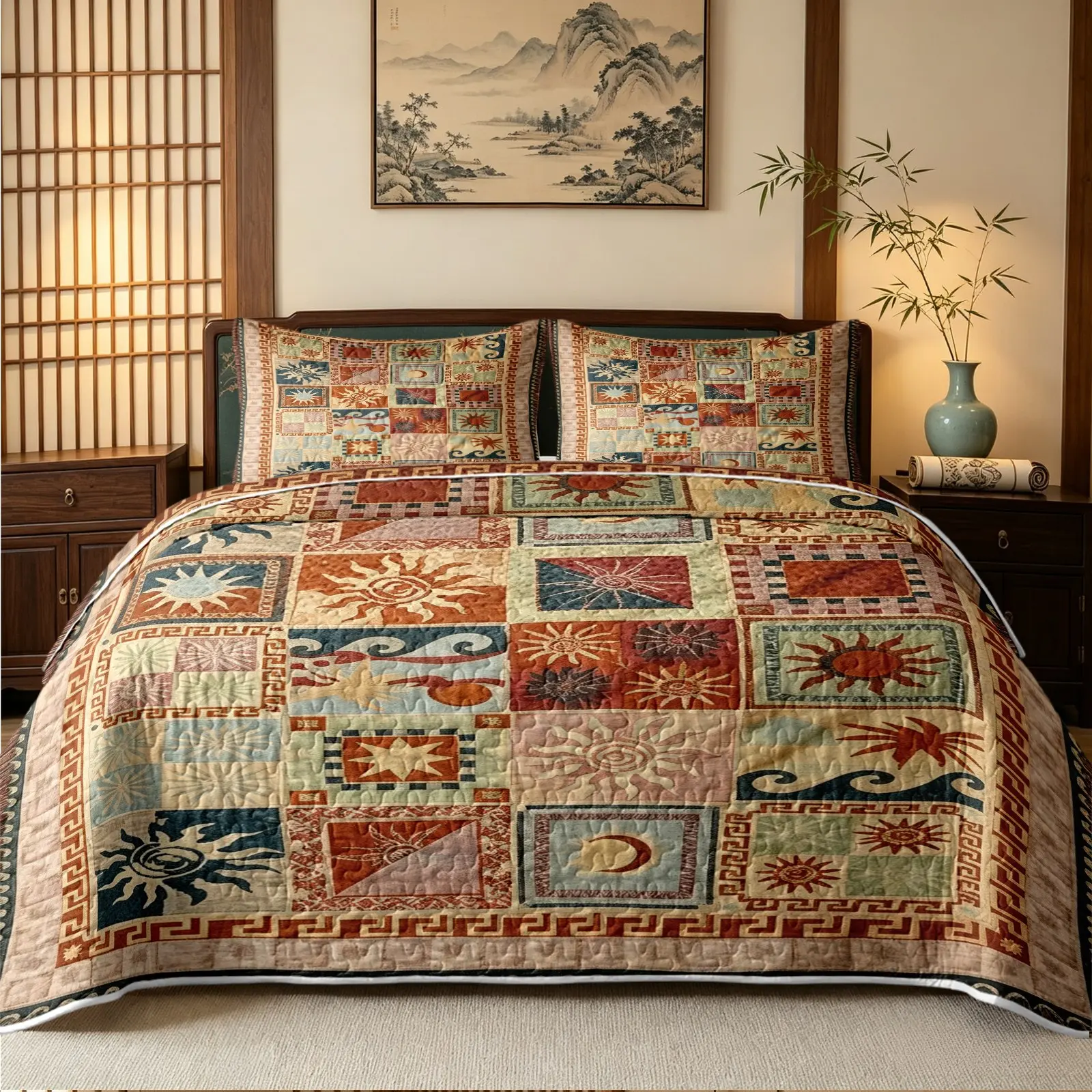 3-Piece Vintage Patchwork Quilt Set, Ethnic-Style Geometric Sun Print, Soft Reversible Bedspread, Includes 1 Quilt + 2 Pillowcases, All-Season Design, Suitable for Bedrooms and Guest Rooms, Artistic Home Decor, Patchwork Bedding Set