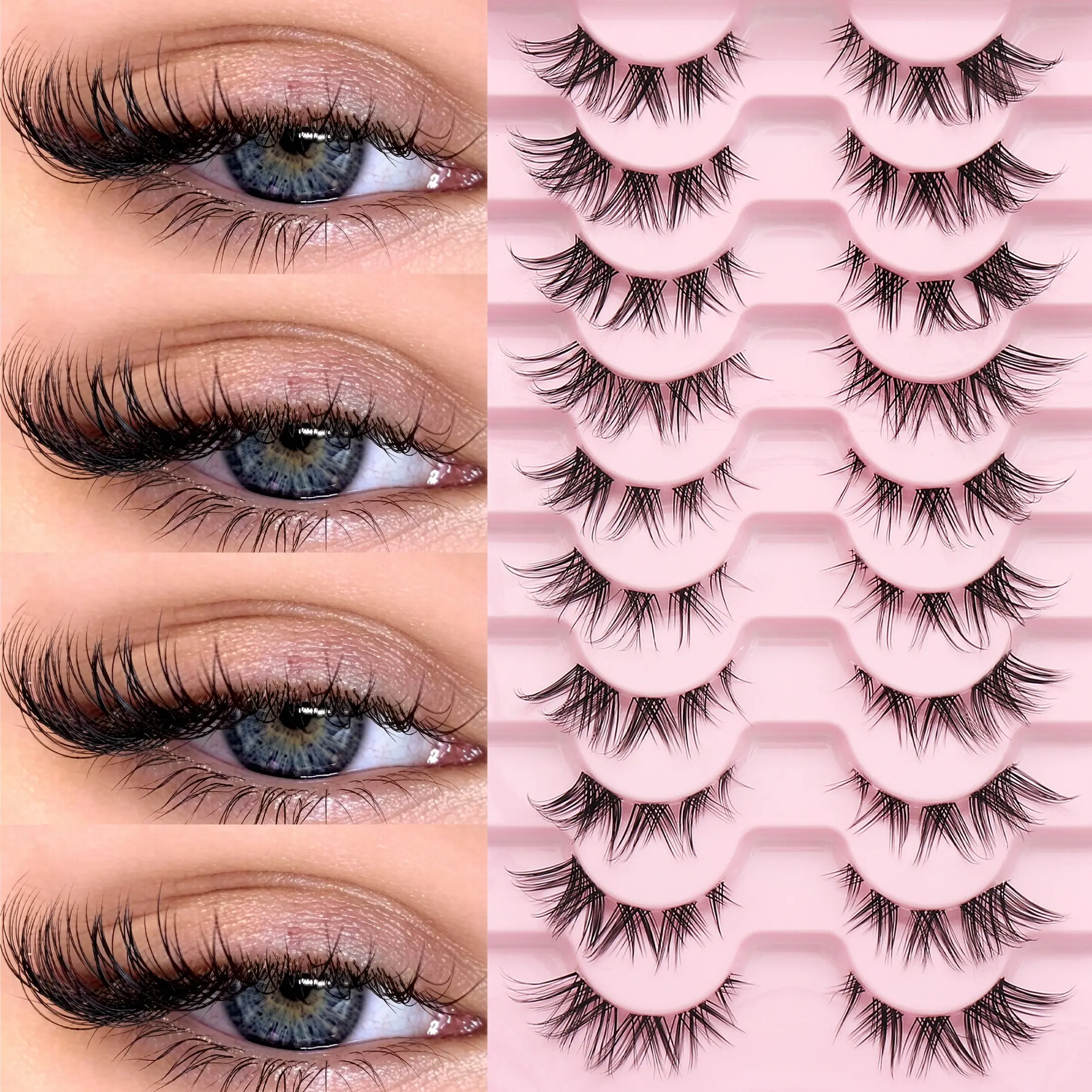 10 Pairs Dangle Strip False Lashes, Transparent C Curl Band, Suitable for Various Makeup Looks, Long-Lasting Natural Look Lash Strips