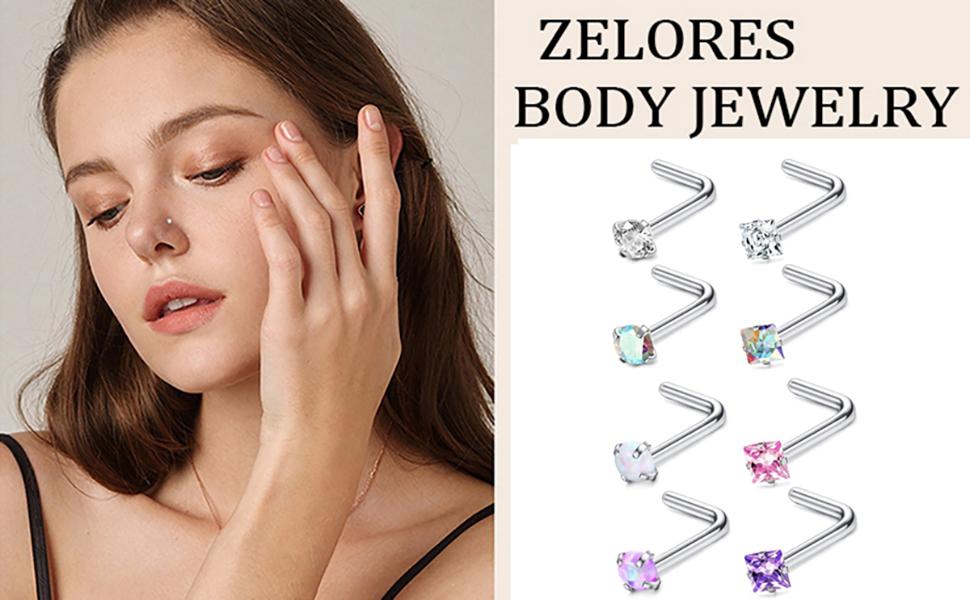 ZELORES 8PCS 20G Nose Ring Studs 316L Stainless Steel Nose Studs for Women L Shaped Bone Cubic Zirconia Nose Piercing Jewelry Round Square Shapes Nose Stud 2-3MM