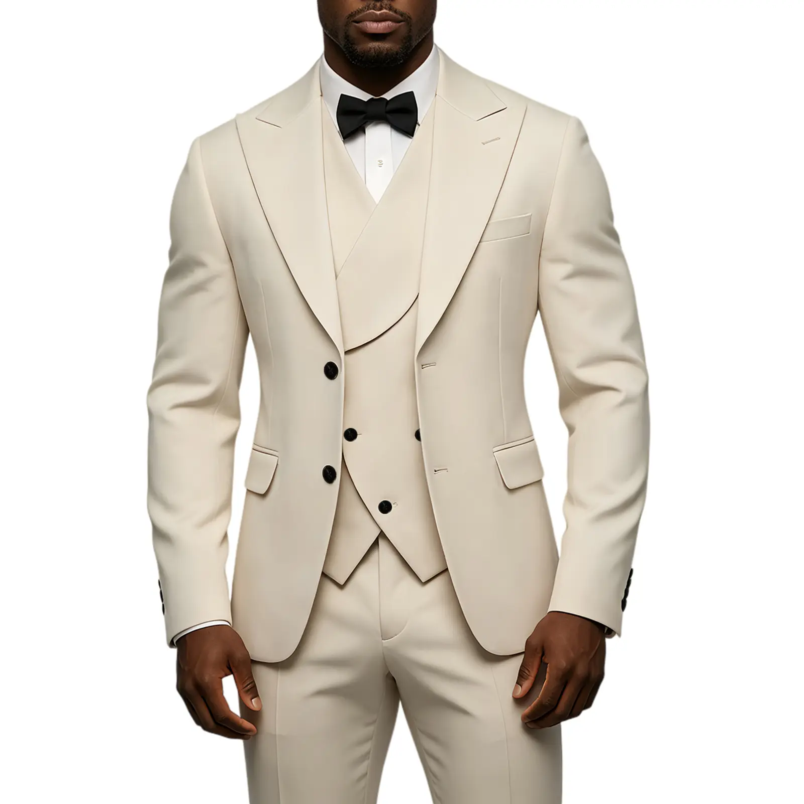 Men Beige 3‑Piece Suit Set, Slim Fit Peak Lapel Jacket Vest Pants with Free Black Bow Tie for Wedding Groom Business Party Blazer Dress Blazer Menswear Smooth