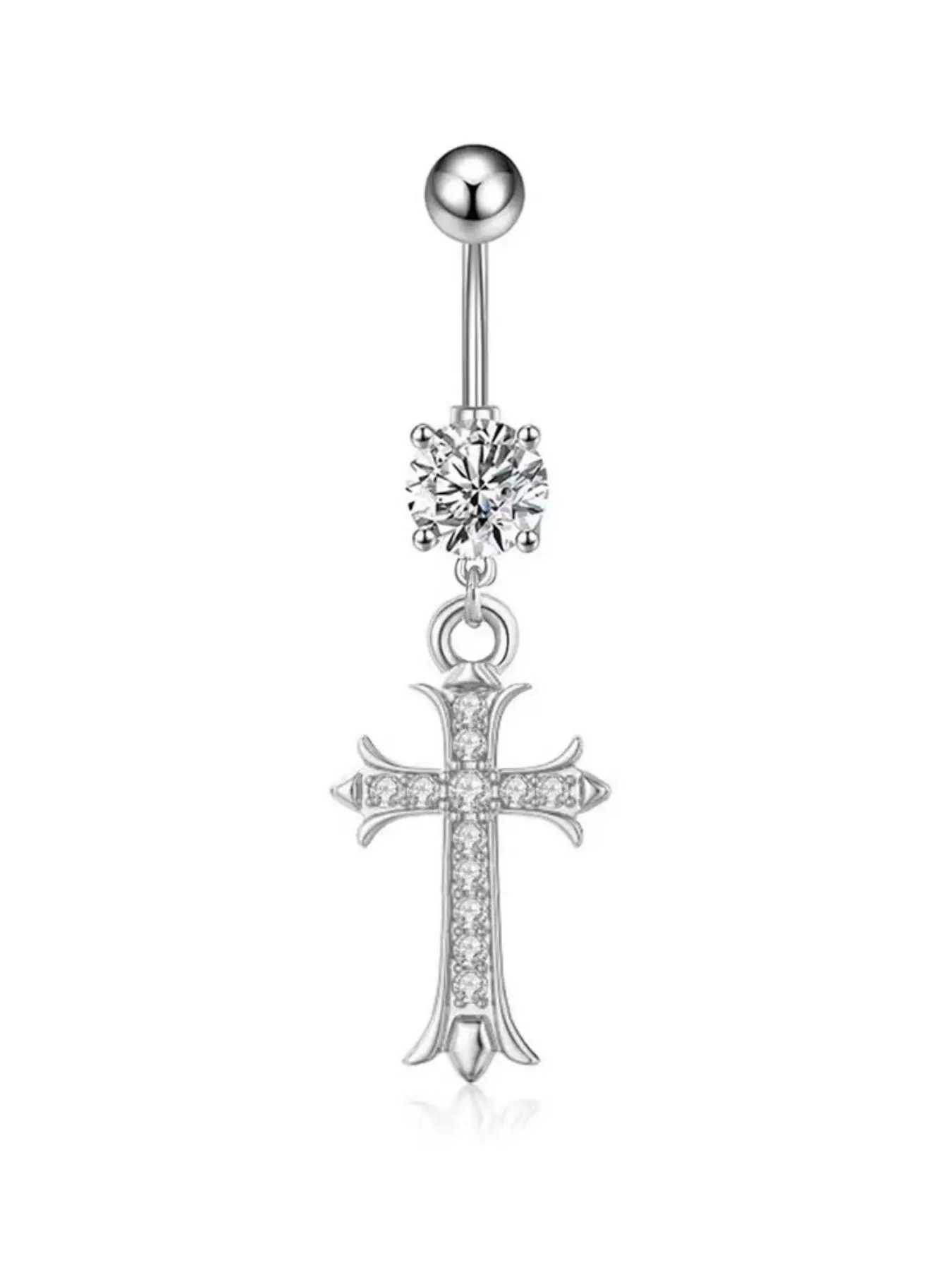 Luxury Long Cross Pendant Navel Ring, High-Luster Zircon Embedded Stainless Steel, Hypoallergenic Non-Fading, Unique Fashion Belly Button Pin, Navel Piercing Jewelry, Body Jewelry