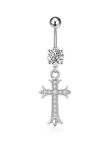 Luxury Long Cross Pendant Navel Ring, High-Luster Zircon Embedded Stainless Steel, Hypoallergenic Non-Fading, Unique Fashion Belly Button Pin