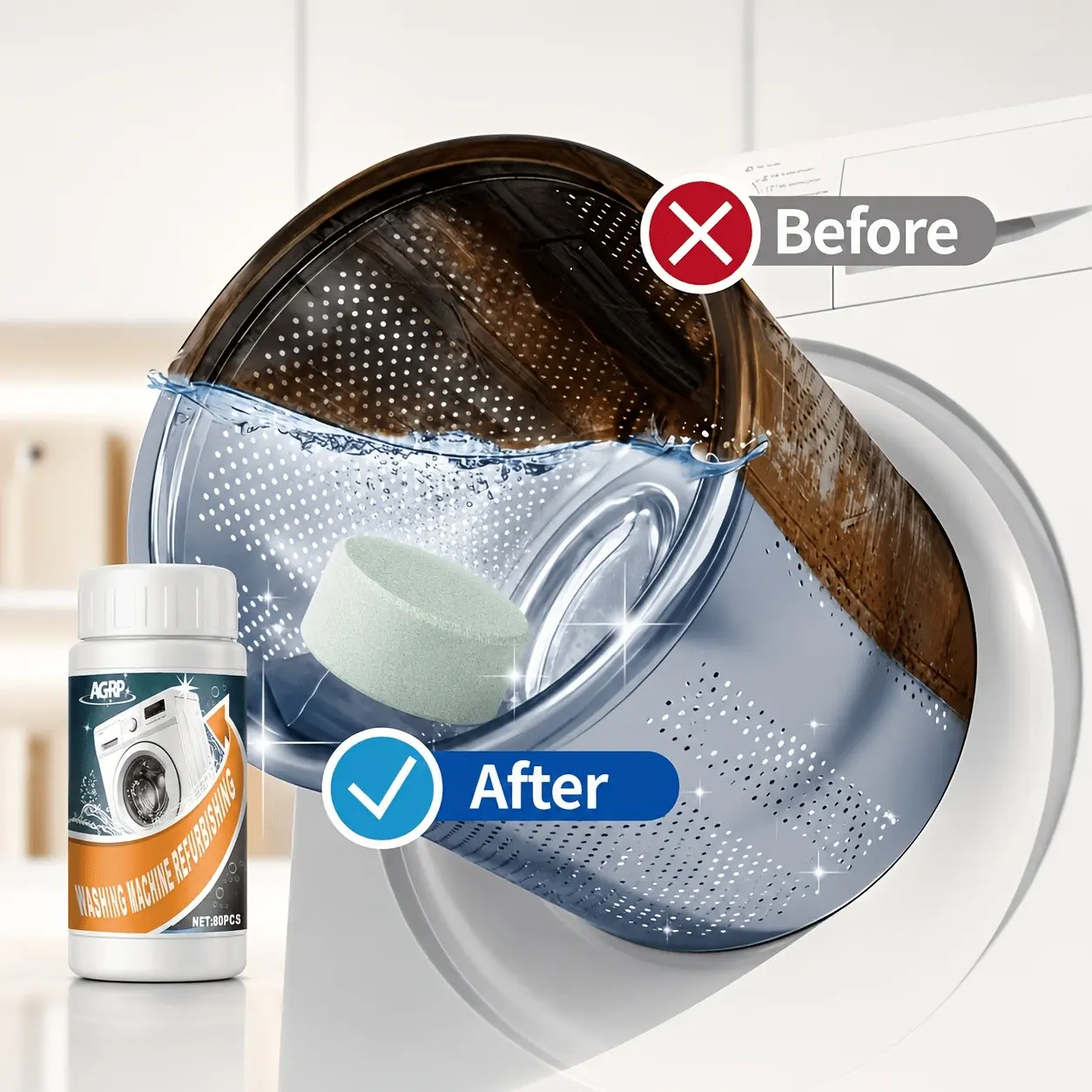 80‑Pack Heavy‑Duty Washing Machine Cleaning Tablets, Foaming Degreaser & Odor Eliminator, Helps Clear Gasket Stains, Laundry Care Accessory for Front‑Load & Top‑Load Washers