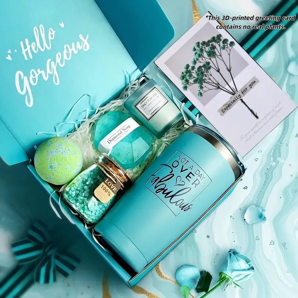 Teal Spa Gift Set, Perfect Gift Bundle for Women – Includes Insulated Mug, Scented Candle, Postcard, Soap, Bath Bomb & Jar Bath Salt. Perfect Gift for Her, Mom, Sister on Birthday, Mother’s Day, Valentine’s Day, or Just Because Gift Box Set