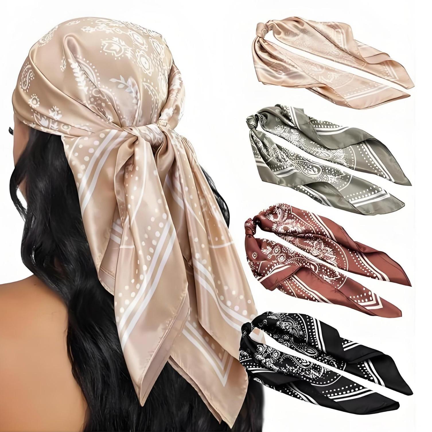 4PCS Head Scarf for Women 35” Head Scarves Silk Like Satin Neck Scarfs Square Bandana Hair Wraps Scarf for Sleeping