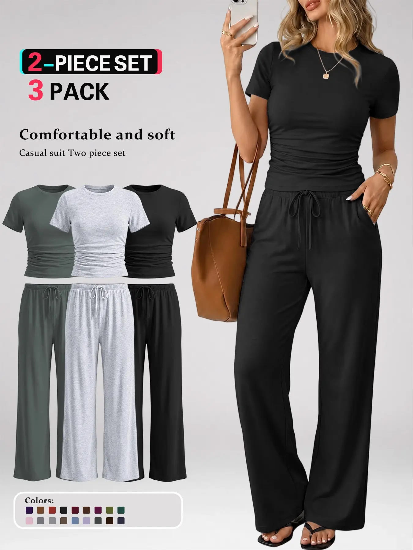 Women's 2 Piece Casual Summer Outfit Set, Short Sleeve Round Neck Top & Wide Leg Pants with pockets, Ruched Drawstring Lounge Set, Ladies Sleepwear for All Seasons，Slim Fit Everyday Homewear, Comfy Chic Women's Clothing，Suitable for Various Occasions