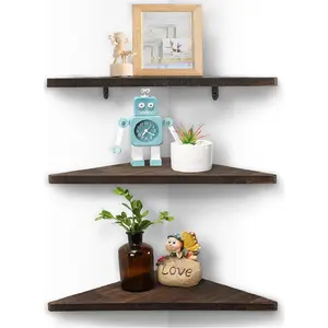 Joiishom Corner Wall Shelf Set of 3, Floating Corner Shelves, Rustic Wood Wall Storage Display Shelves for Living Room, Bedroom, Bathroom, Kitchen (Dark Brown)