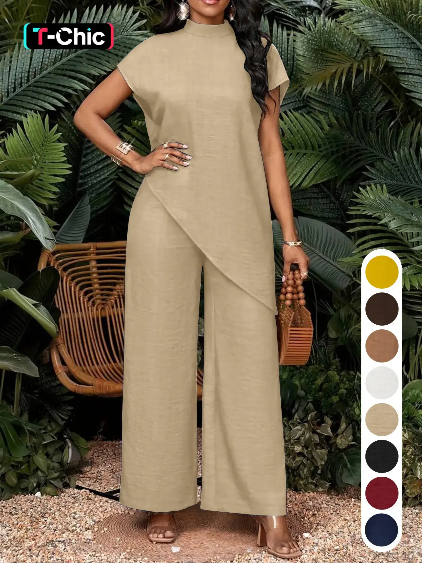 Summer Women's Solid Stand Collar Asymmetrical Top & High Waist Wide Leg Pants Suit Set, Casual Two-Piece Set for Business, Womenswear