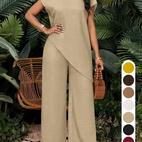 【Black Friday】Summer Women's Solid Stand Collar Asymmetrical Top & High Waist Wide Leg Pants Set, Casual Two-Piece Set for Business & Daily Wear, Womenswear