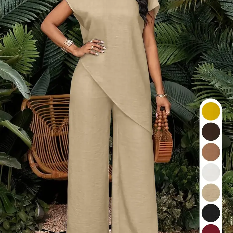 【Black Friday】Summer Women's Solid Stand Collar Asymmetrical Top & High Waist Wide Leg Pants Set, Casual Two-Piece Set for Business & Daily Wear, Womenswear