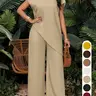 【Black Friday】Summer Women's Solid Stand Collar Asymmetrical Top & High Waist Wide Leg Pants Set, Casual Two-Piece Set for Business & Daily Wear, Womenswear