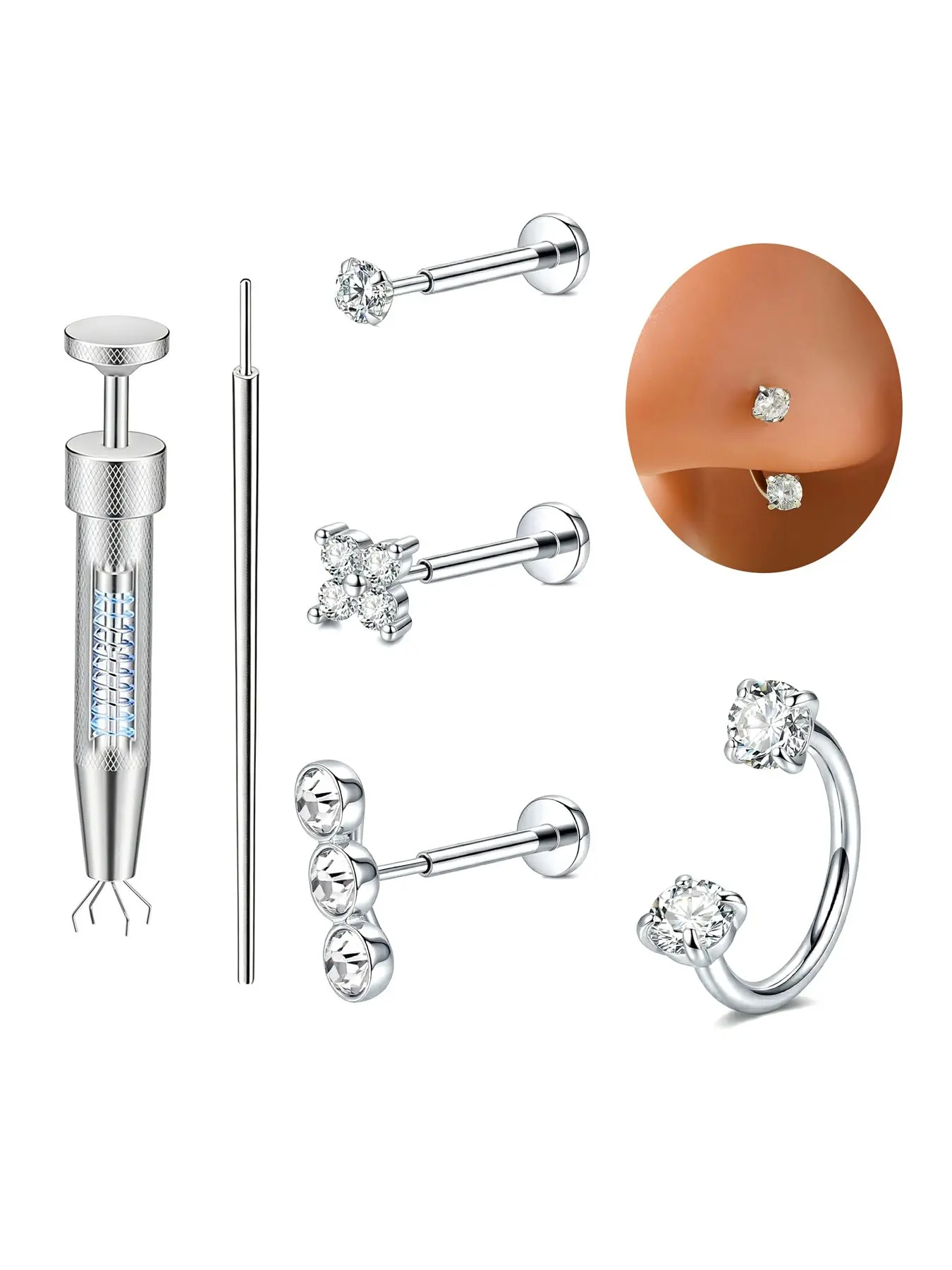 20G Push In Nose Studs Septum Horseshoe Nose Ring with piercing taper ball grabber tool Threadless Flat Back Labret Earrings Lip Rings Nostril Body Piercing Jewelry Set CZ Gold Silver for Women Men