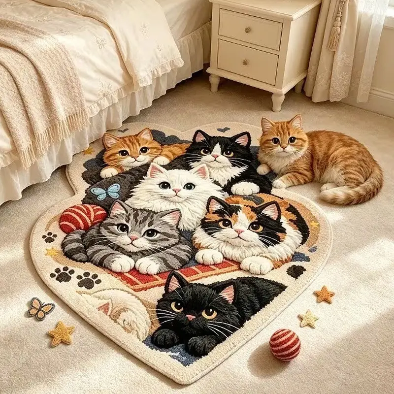 Heartfelt Cat-shaped Rug, Creative Cute Cat Family Photo Bedroom Bedside Carpet, Soft Plush Mat for Living Room, Bedroom, Hallway, Closet, Girl's Room Decor, Animal Pattern Rug, Soft Area Rug, Decorative Rug