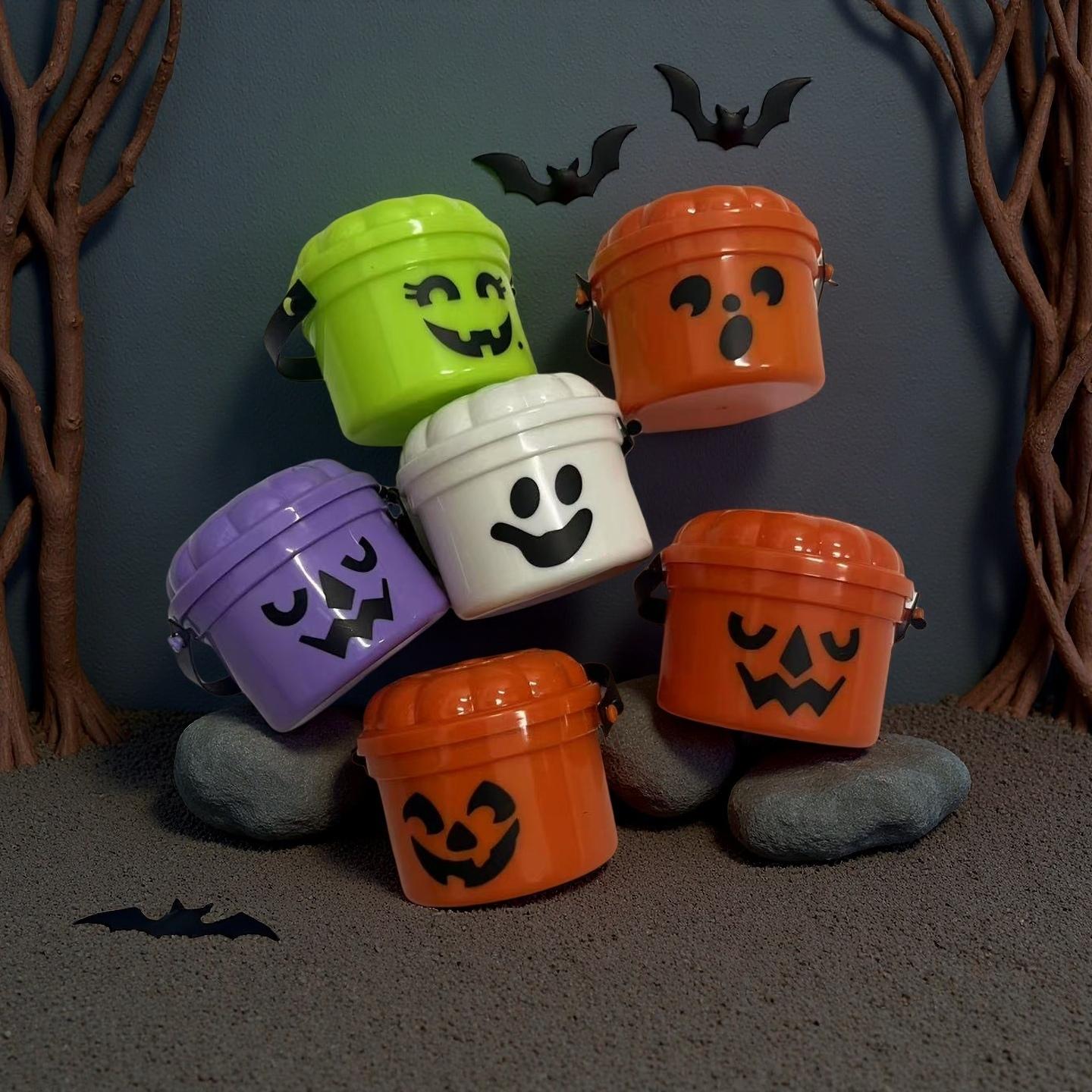 Mini Halloween Nostalgic Cute Plastic Buckets - Orange, Purple, White, Green with Jack-O'-Lantern Faces - Durable Water Buckets for Home Decor, Horror Party Supplies, Ghost Festival & Trick-or-Treat Celebrations, Playful Design, Party Favors Assortment