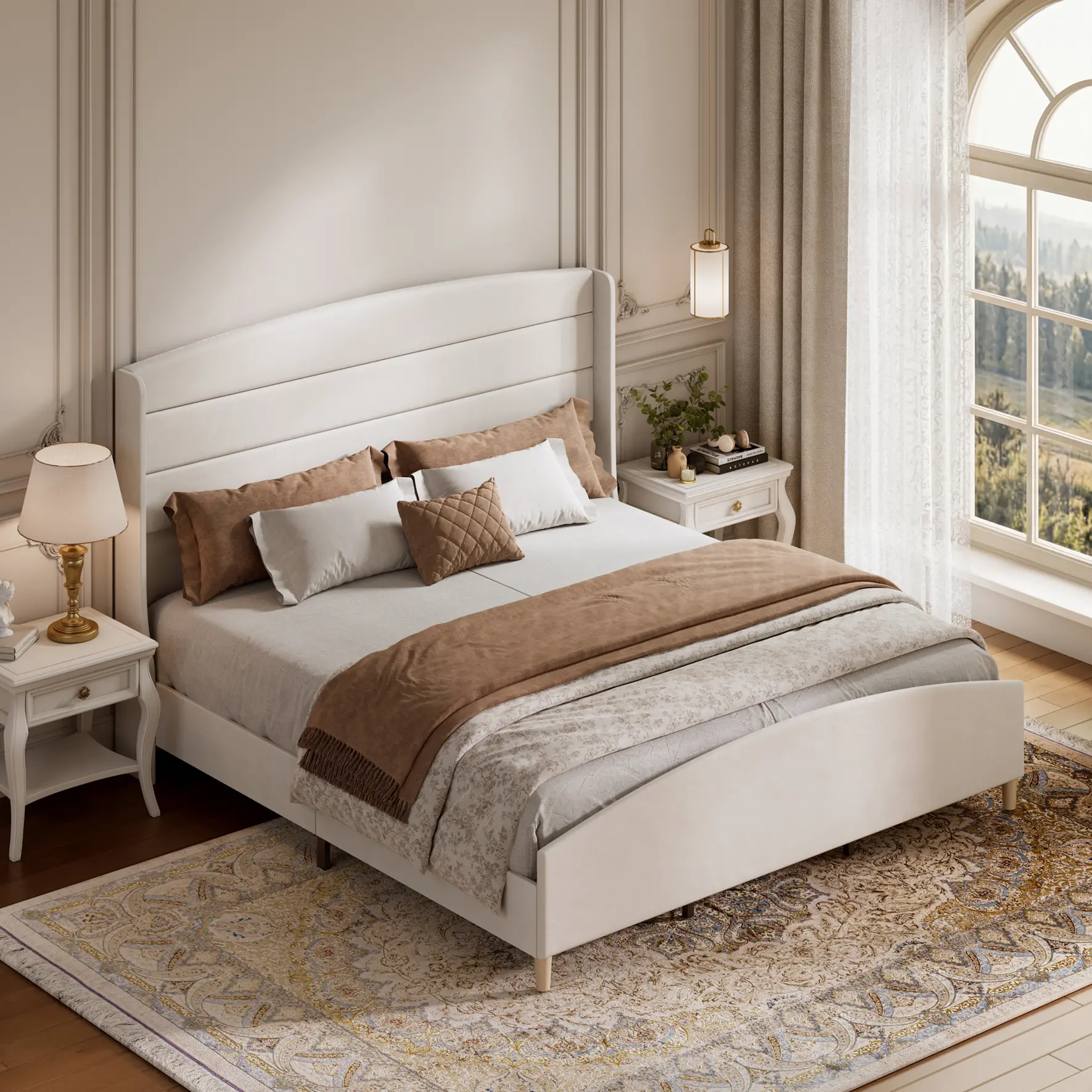 Soft Cream Linen Upholstered Platform Bed Frame - King Size - 51.6" Wingback Headboard - Raised Footboard - Sturdy Wood Slats - Noise-Free - Tool-Included Modern Minimalist Bedroom Furniture - White - for Minimalist Bedroom, Modern Beds, Upholstered Platf