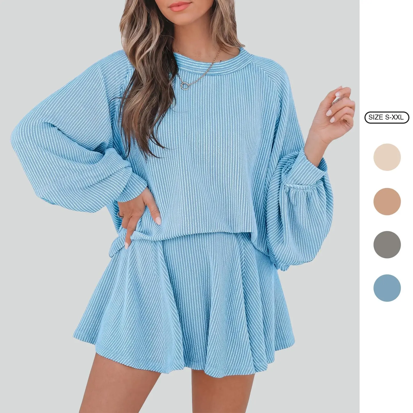Imily Bela Women's Ribbed Crew Neck Balloon Sleeve Top & Skirt Set - Energetic Casual Two-Piece
