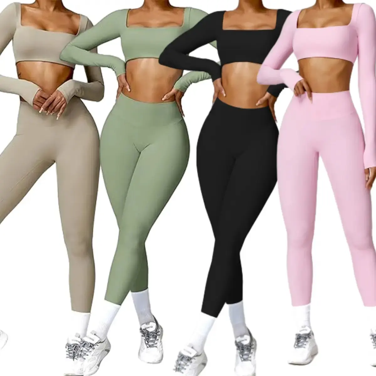 Women's Crop Top Long Sleeve Padded Sports Set - Breathable Nylon Tracksuit for Yoga Gym Workouts & Casual Wear - Comfortable Fit Lightweight Materials - Pilates Outfits - Athleisure Summer Clothes