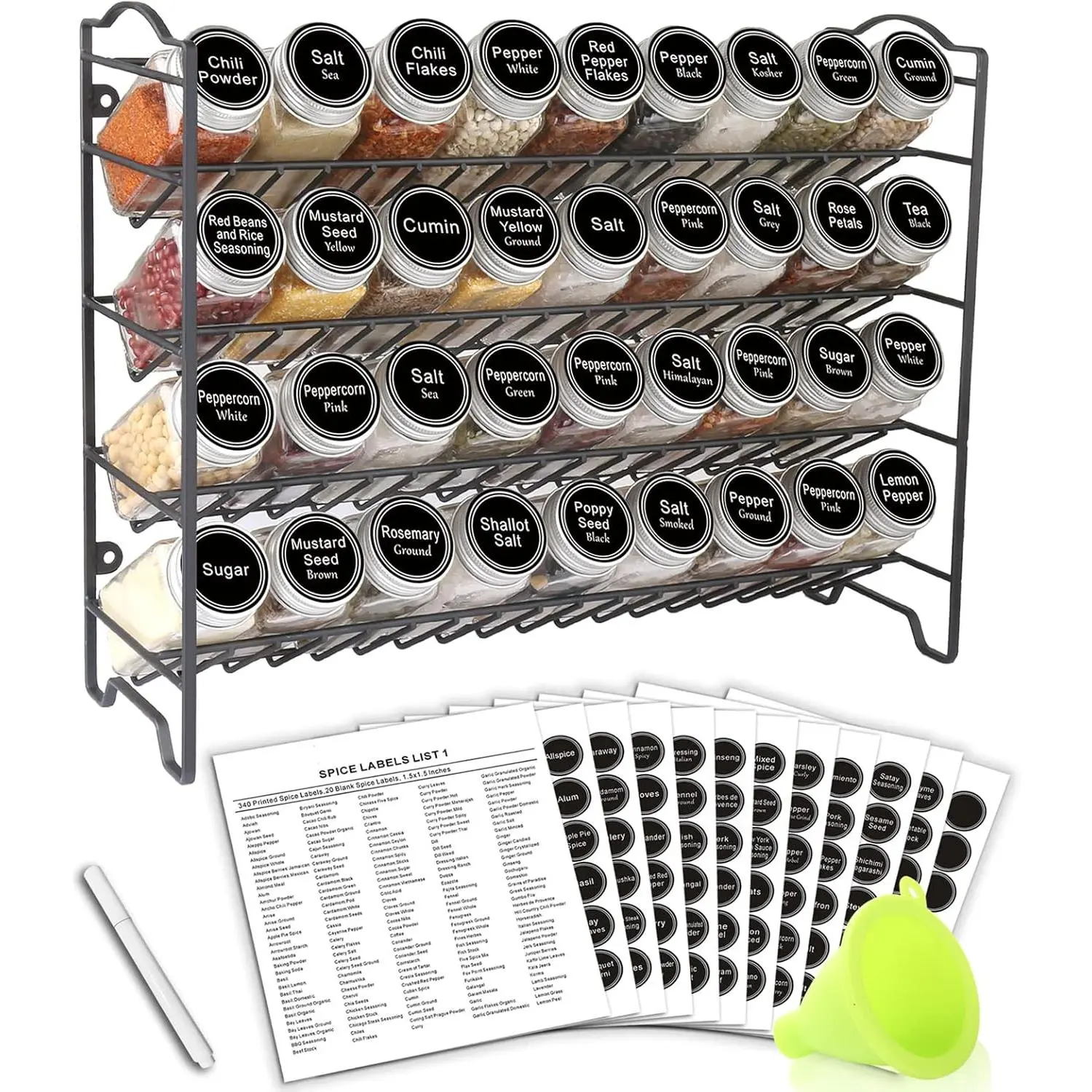 Spice Rack Organizer with 36 Empty Square Spice Jars, 396 Spice Labels with Chalk Marker and Funnel Complete Set, for Countertop, Cabinet or Wall Mount, Black