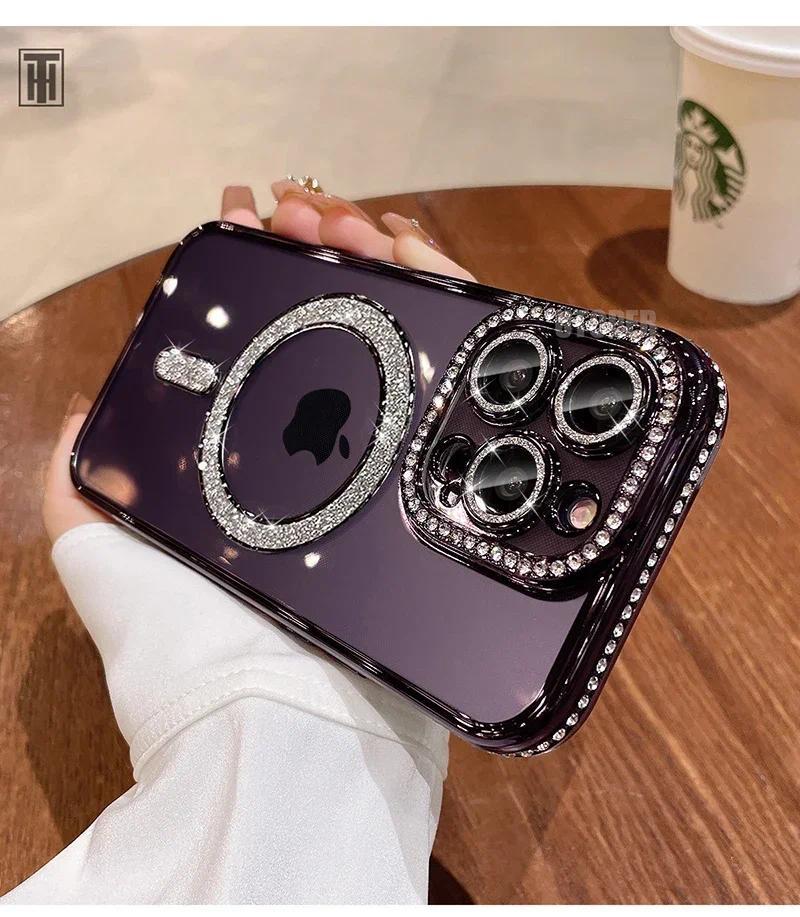 Luxury Bling Crystal Lens Film Phone Case For iPhone 15 11 12 13 14 Pro Max Plus Magsafe Magnetic Wireless Charging Clear Cover