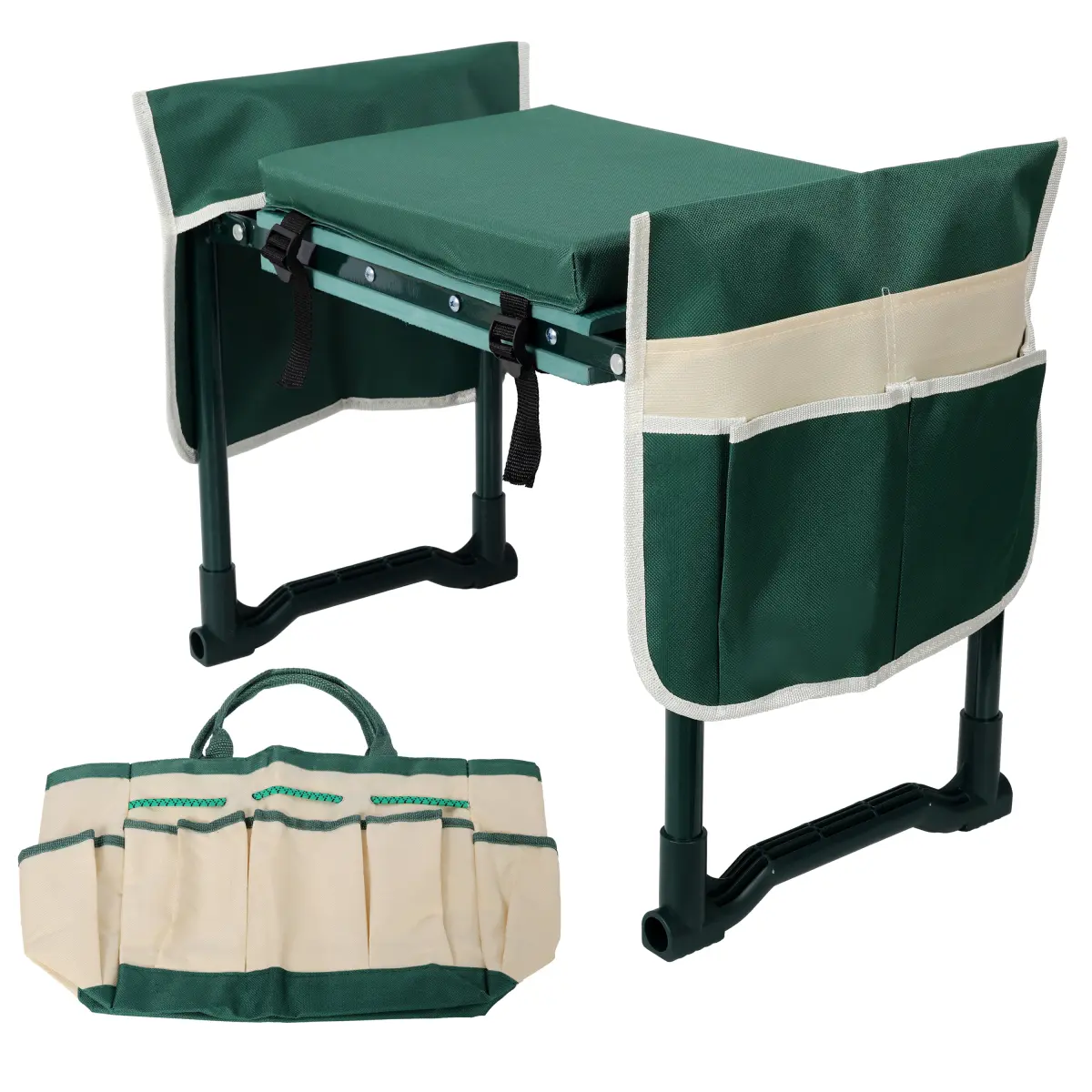 Green Foldable Garden Kneeler and Seat Bench, Heavy‑Duty Iron Frame 330 LBS Load Capacity, 10‑Inch Wide Comfort Seat, Removable 3‑Piece Tool Bag Set, No‑Assembly Ready‑to‑Use Gardening Stool for Seniors Planting Work
