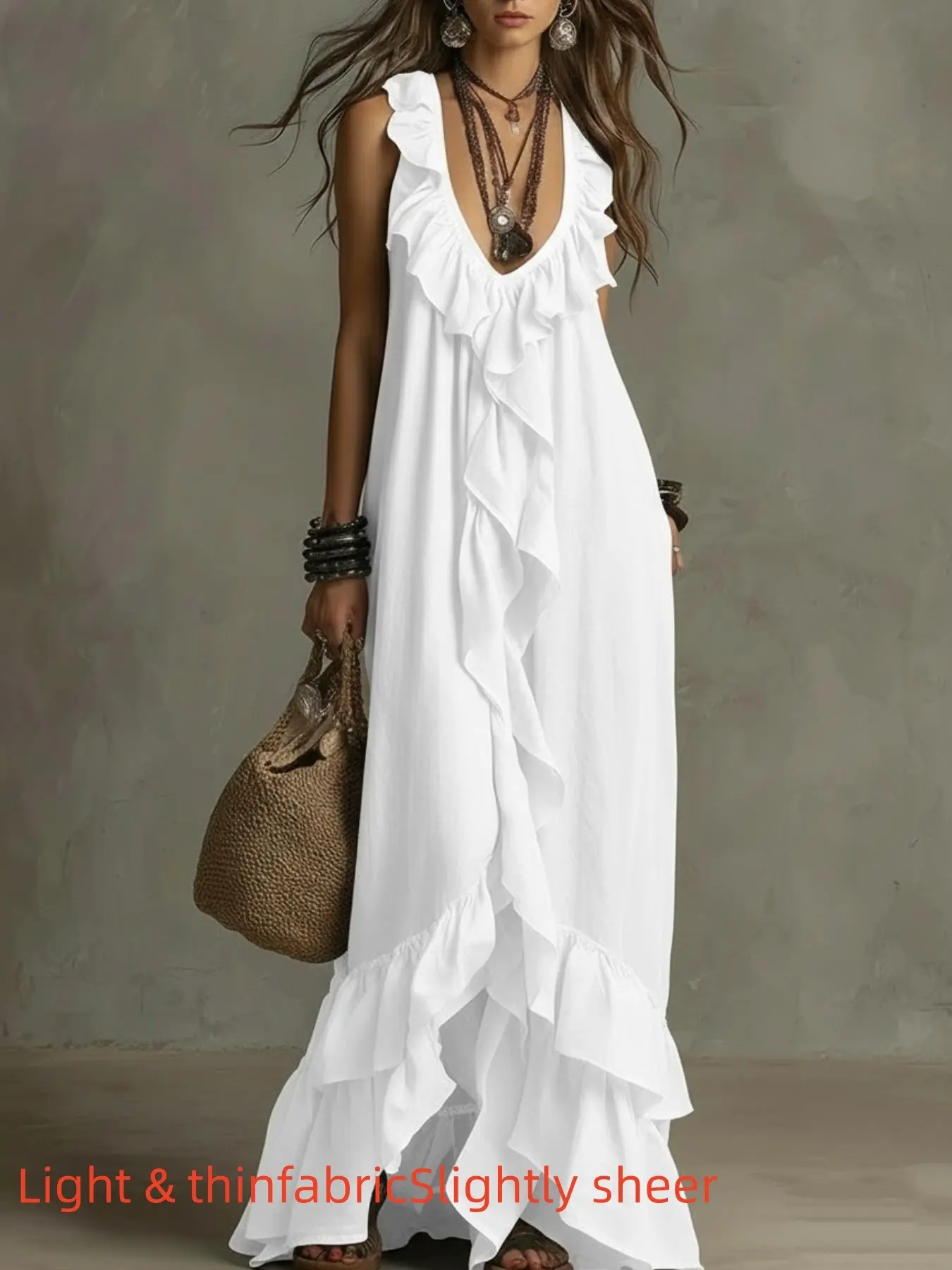 Summer New Fashion Solid Color Light Thin Sleeveless Ruffle Casual Bohemian Vacation Style Urban V-Neck Short Sleeve Ruffle Vintage Dress Boho V Neck